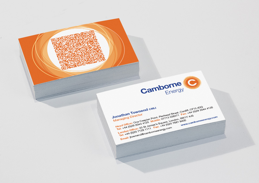 Cardiff Company's Corporate Identity as applied to business cards with QR code